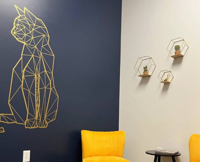 Geometric cat decor, gold chairs Geometric cat decor, gold chairs